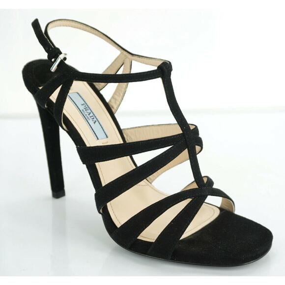 Prada Strappy Black Suede Strappy High Heel Cage Sandals Ankle Strap - Picture 2 of 10